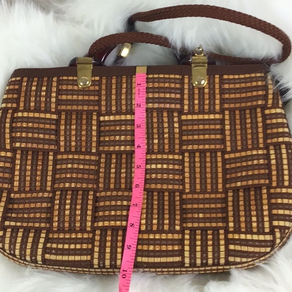 Vintage Brown Woven Crossbody Bag with Tortoiseshell Handle - Picture 8 of 12